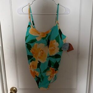 Shade & Shore Turquoise One-Piece Swimsuit with Yellow Floral Print